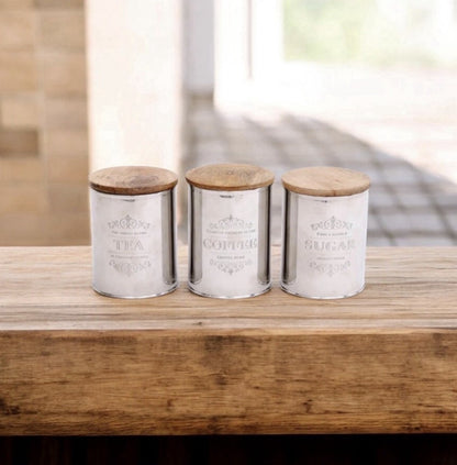 Tea Coffee Sugar Canister Set of 3 | Stainless Steel & Mango Wood | Airtight | 15cm | Kitchen Gift Set