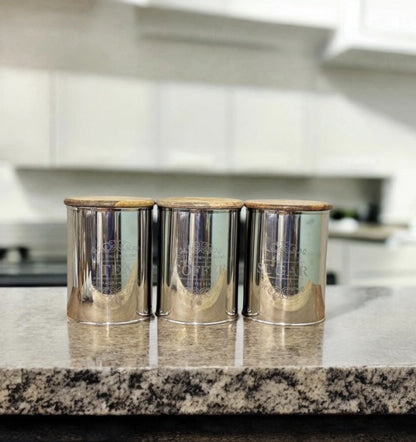 Tea Coffee Sugar Canister Set of 3 | Stainless Steel & Mango Wood | Airtight | 15cm | Kitchen Gift Set