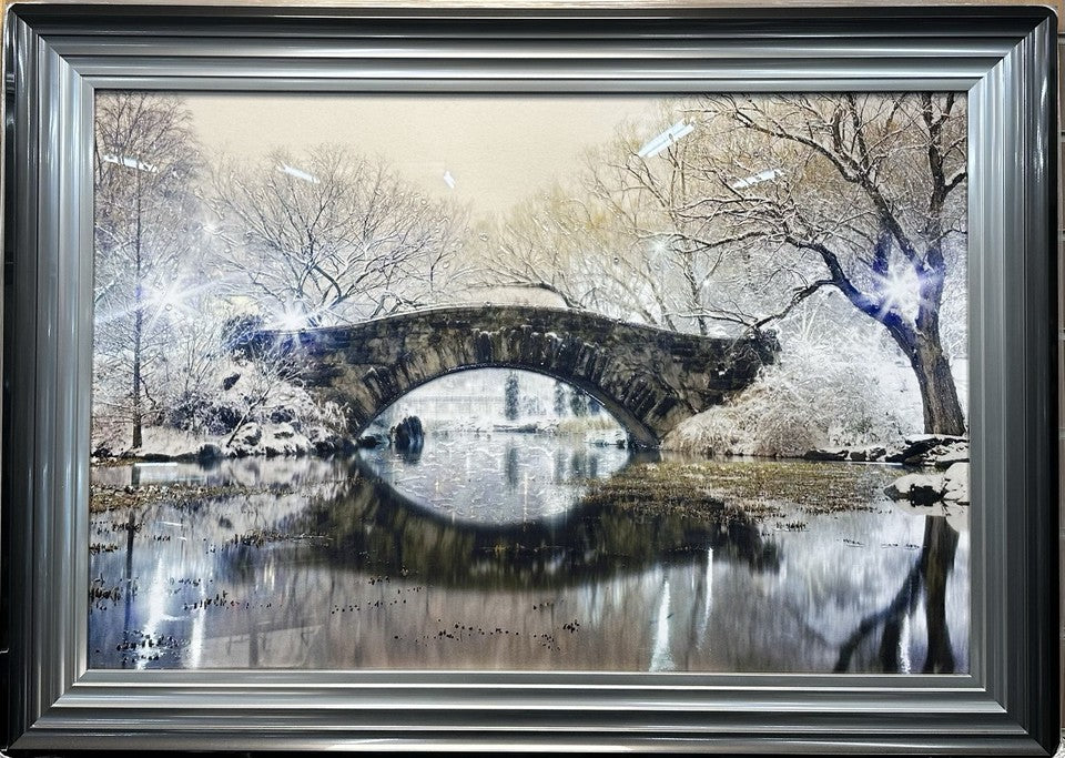 New York Central Park Bridge Glass Liquid Art Picture | Diamante Crystals | 104cm × 74cm | High Gloss | UK Made