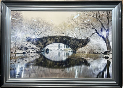 New York Central Park Bridge Glass Liquid Art Picture | Diamante Crystals | 104cm × 74cm | High Gloss | UK Made