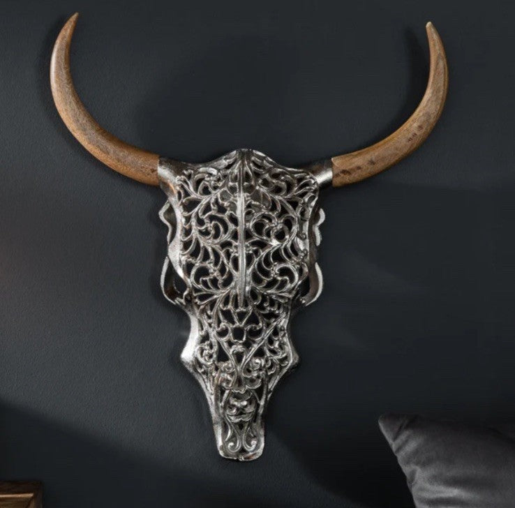 Buffalo Bull Skull Wall Art 57cm | Aluminium & Mango Wood Wall Mounted Head Sculpture
