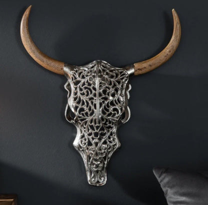 Buffalo Bull Skull Wall Art 57cm | Aluminium & Mango Wood Wall Mounted Head Sculpture