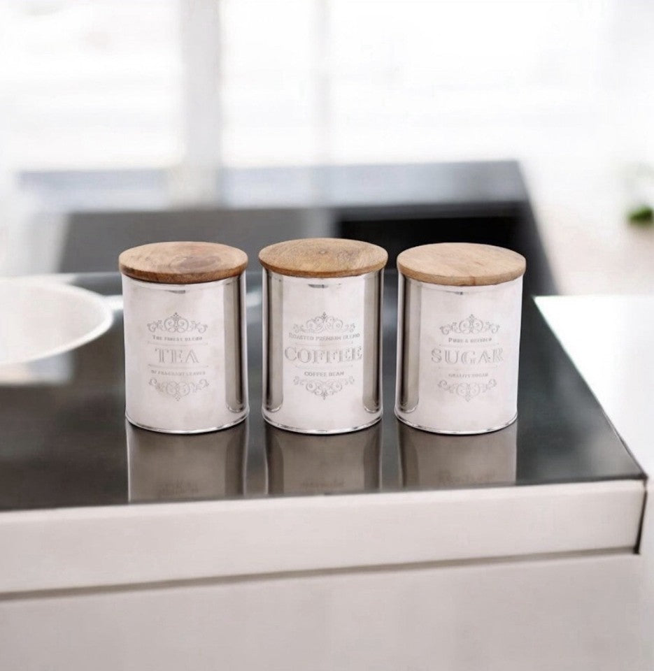 Tea Coffee Sugar Canister Set of 3 | Stainless Steel & Mango Wood | Airtight | 15cm | Kitchen Gift Set
