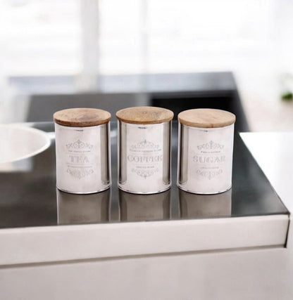 Tea Coffee Sugar Canister Set of 3 | Stainless Steel & Mango Wood | Airtight | 15cm | Kitchen Gift Set