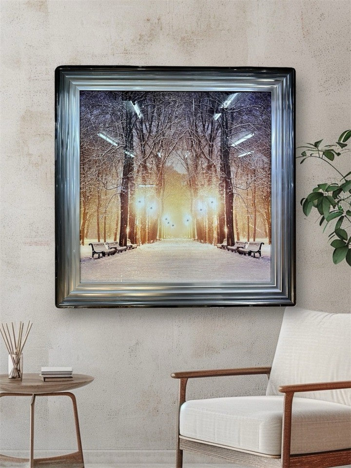 iquid Crystal Glass Wall Art | Snowy Park Scene | Crystal Embellishment | 85cm × 85cm Square