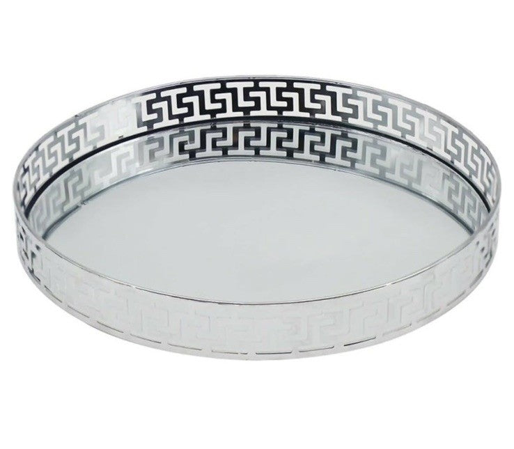 Large Round Silver Mirror Tray 32cm | Heavy Solid Metal | Designer Style Vanity Serving Tray