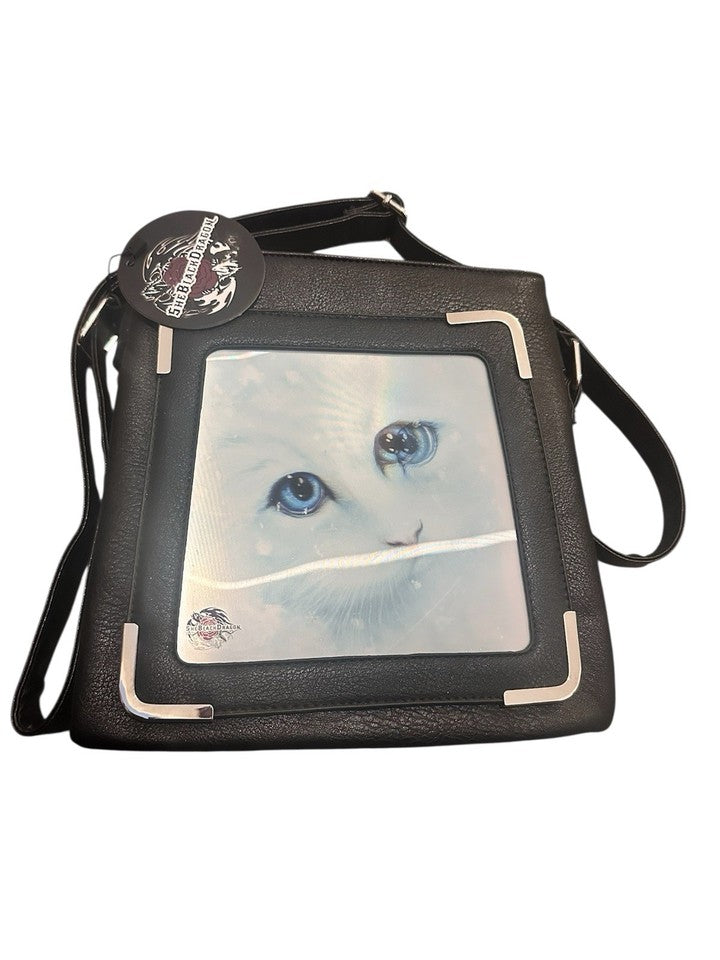Women's 3D Cat Crossbody Side Bag | Black Faux Leather | 27cm × 27cm | Chrome Accents | 3D World