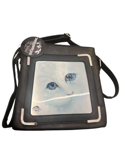 Women's 3D Cat Crossbody Side Bag | Black Faux Leather | 27cm × 27cm | Chrome Accents | 3D World