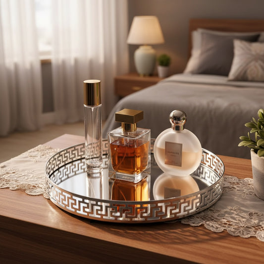 Large Round Silver Mirror Tray 32cm | Heavy Solid Metal | Designer Style Vanity Serving Tray